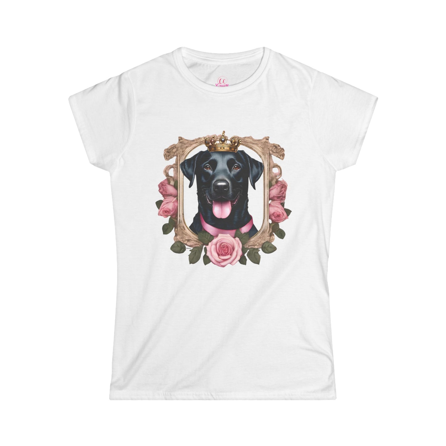 Coquette Pink Rose Smiling Black Labrador Prince Princess Puppy Dog Women's Softstyle Short Sleeved Tee Size S-2xl