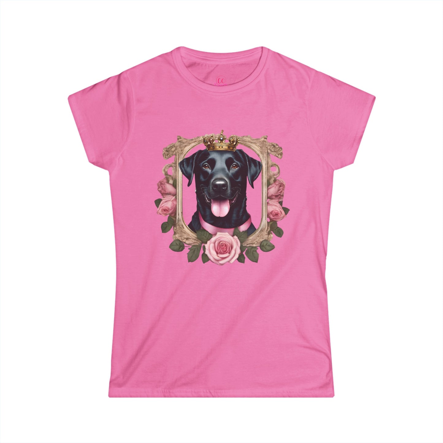 Coquette Pink Rose Smiling Black Labrador Prince Princess Puppy Dog Women's Softstyle Short Sleeved Tee Size S-2xl