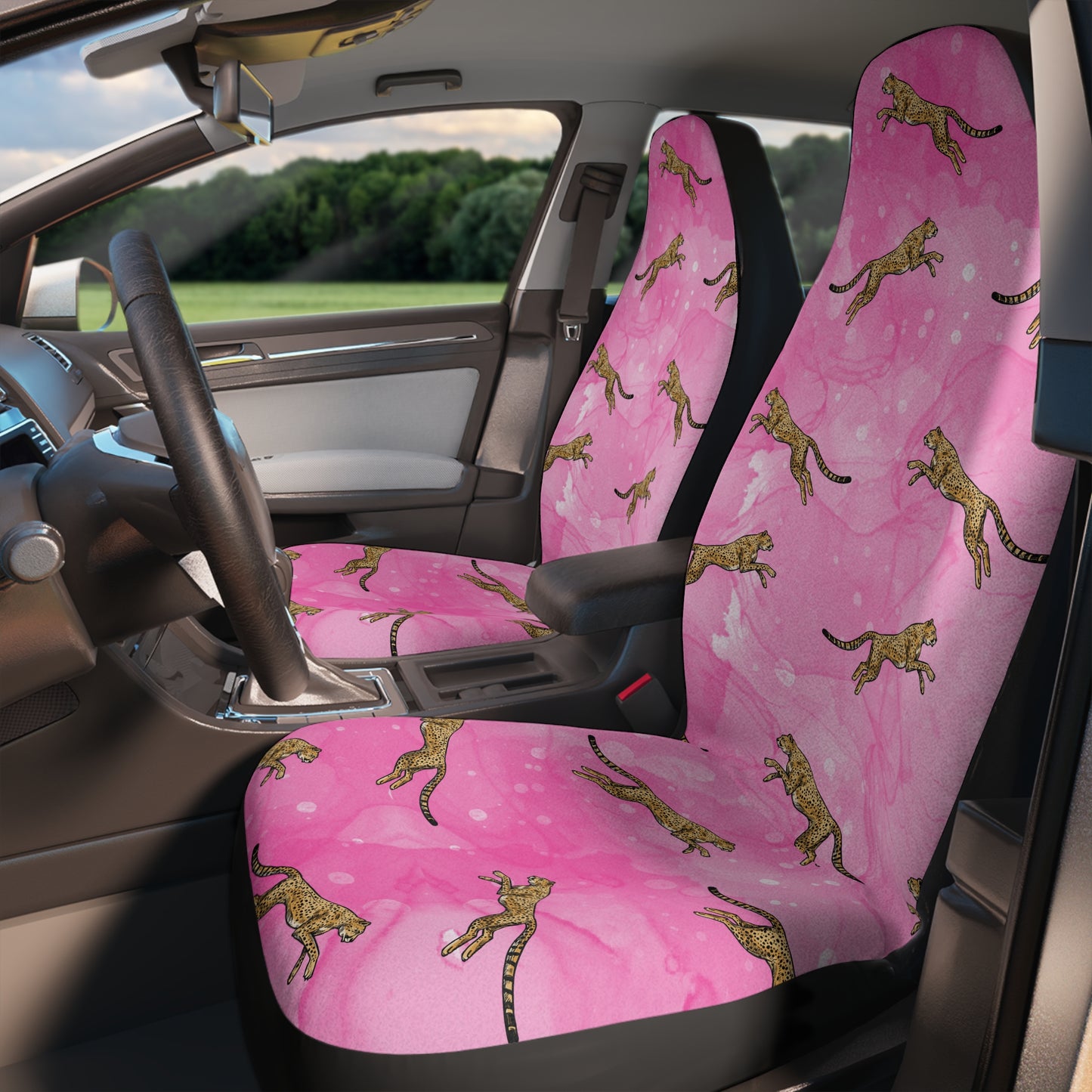 Pink Watercolor & Jumping Cheetah Leopard Car Seat Covers