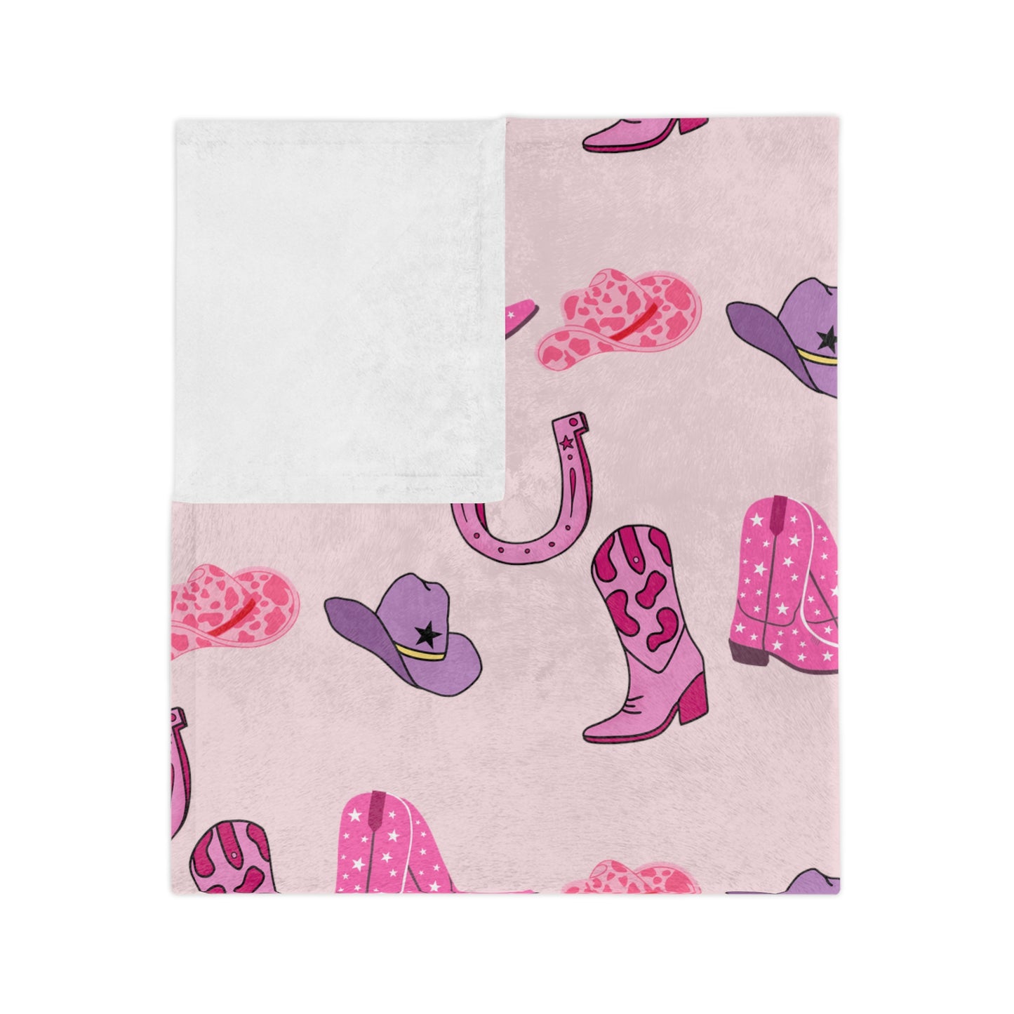 Pink Purple Cowgirl Hat & Boots Pattern Velvet Microfiber Blanket