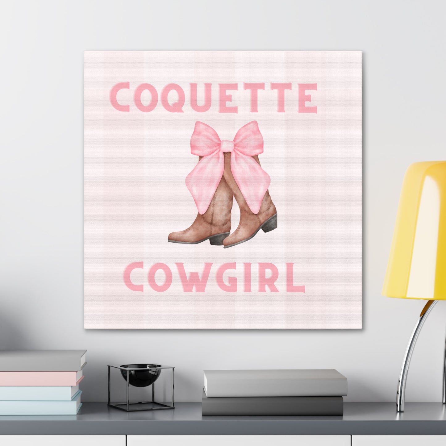 Pink Coquette Cowgirl Bow and Boots Patterned Canvas Wrapped Art Multiple Sizes