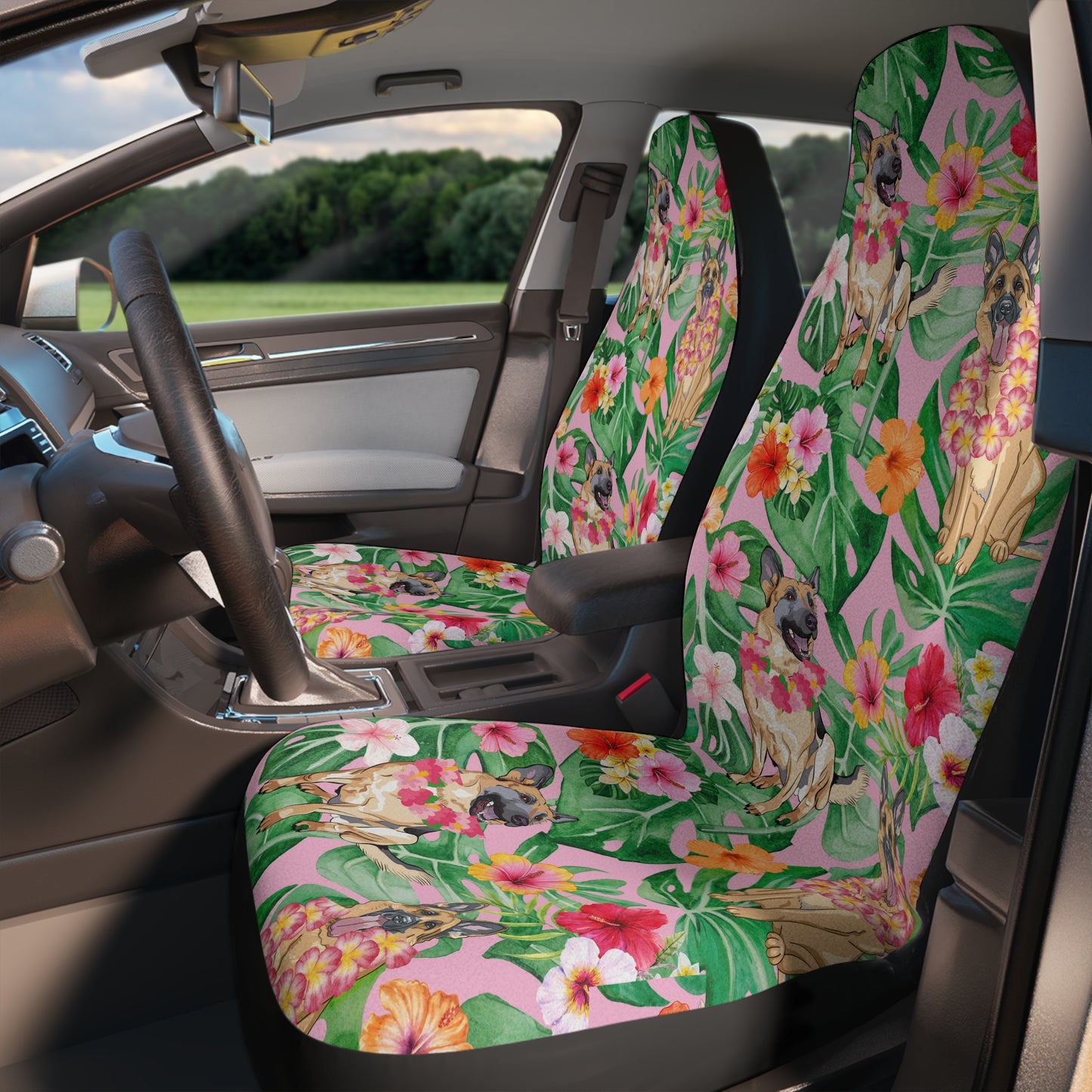 Pink Tropical Flowers & German Shephard Puppy Dog Car Seat Covers