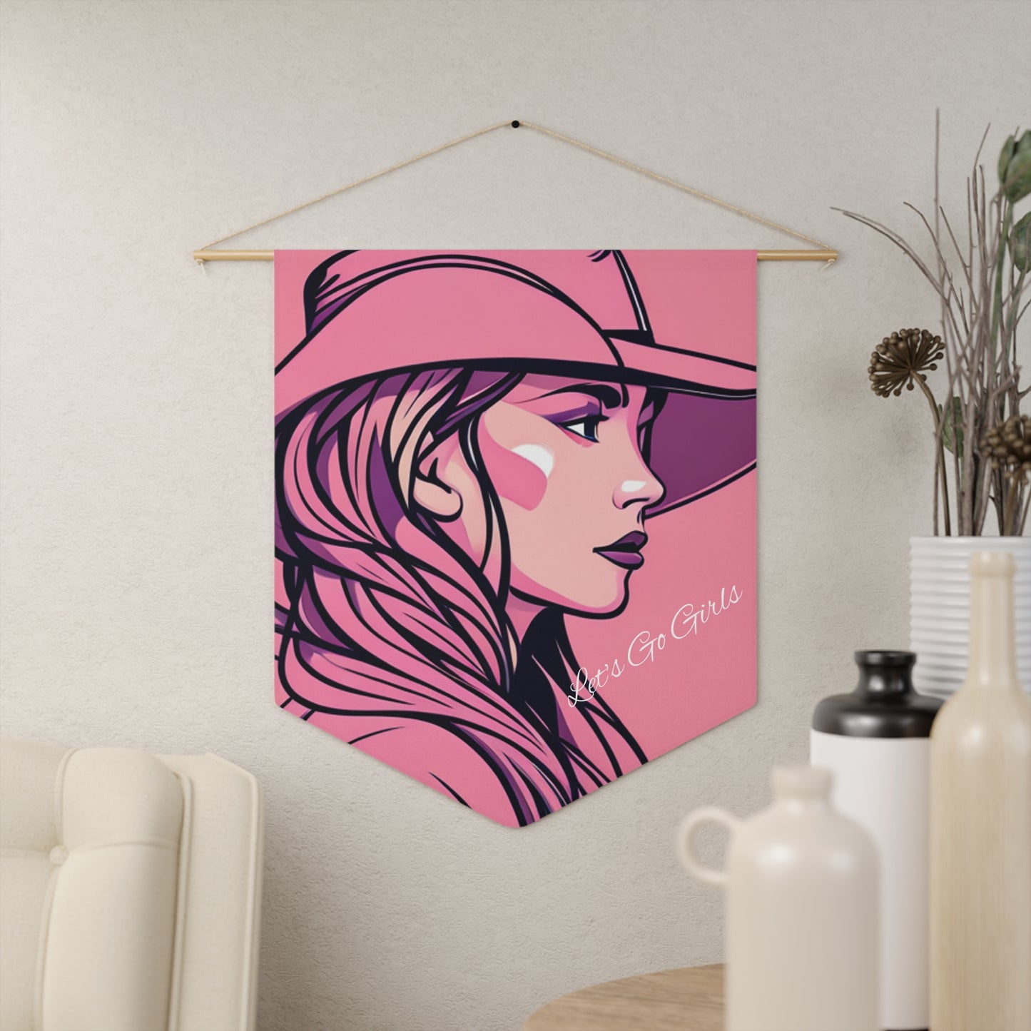 Pink Cowgirl Let's Go Girls Room Hanging Pennant