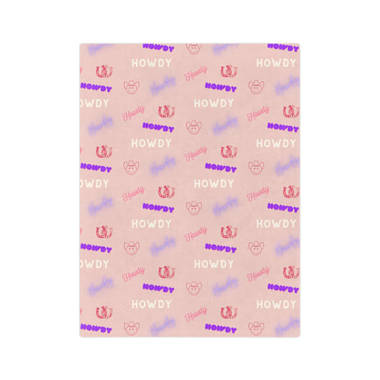 Pink Purple Howdy Cowgirl Pattern Velvet Microfiber Blanket Multiple Sizes