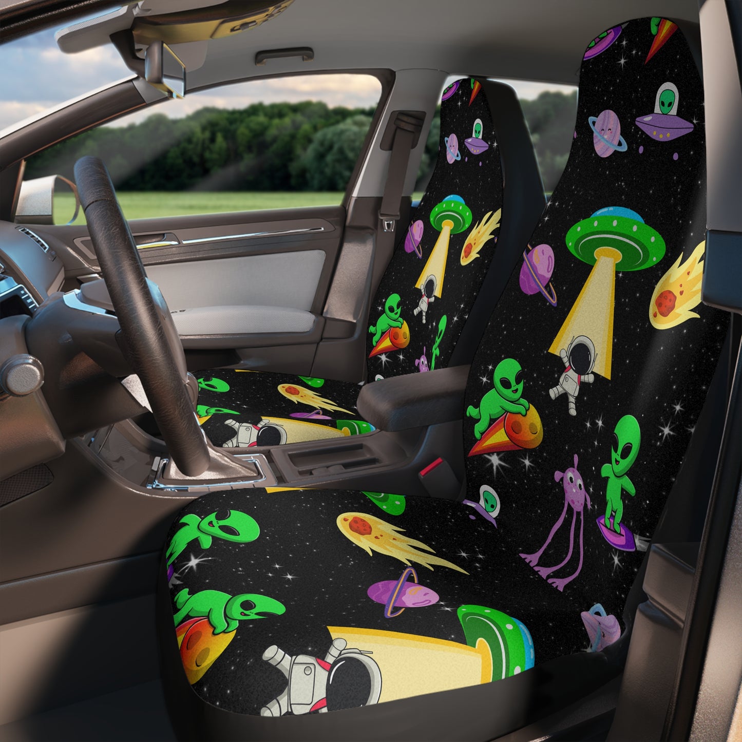 Space Alien Pattern Purple & Green UFO Universe Car Seat Covers