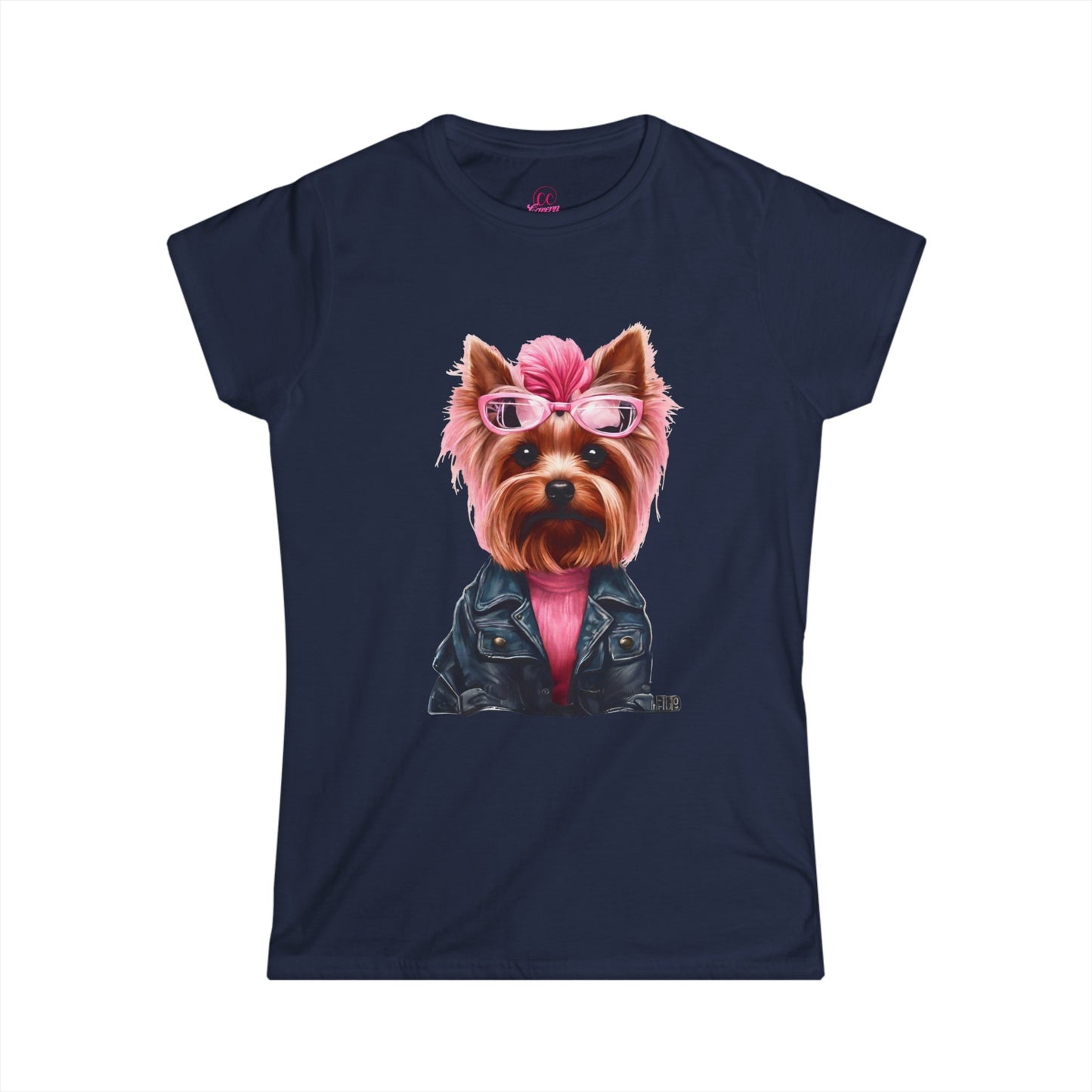Preppy Pink Biker Yorkie Puppy Women's Softstyle Short Sleeved Tee Size S-2xl
