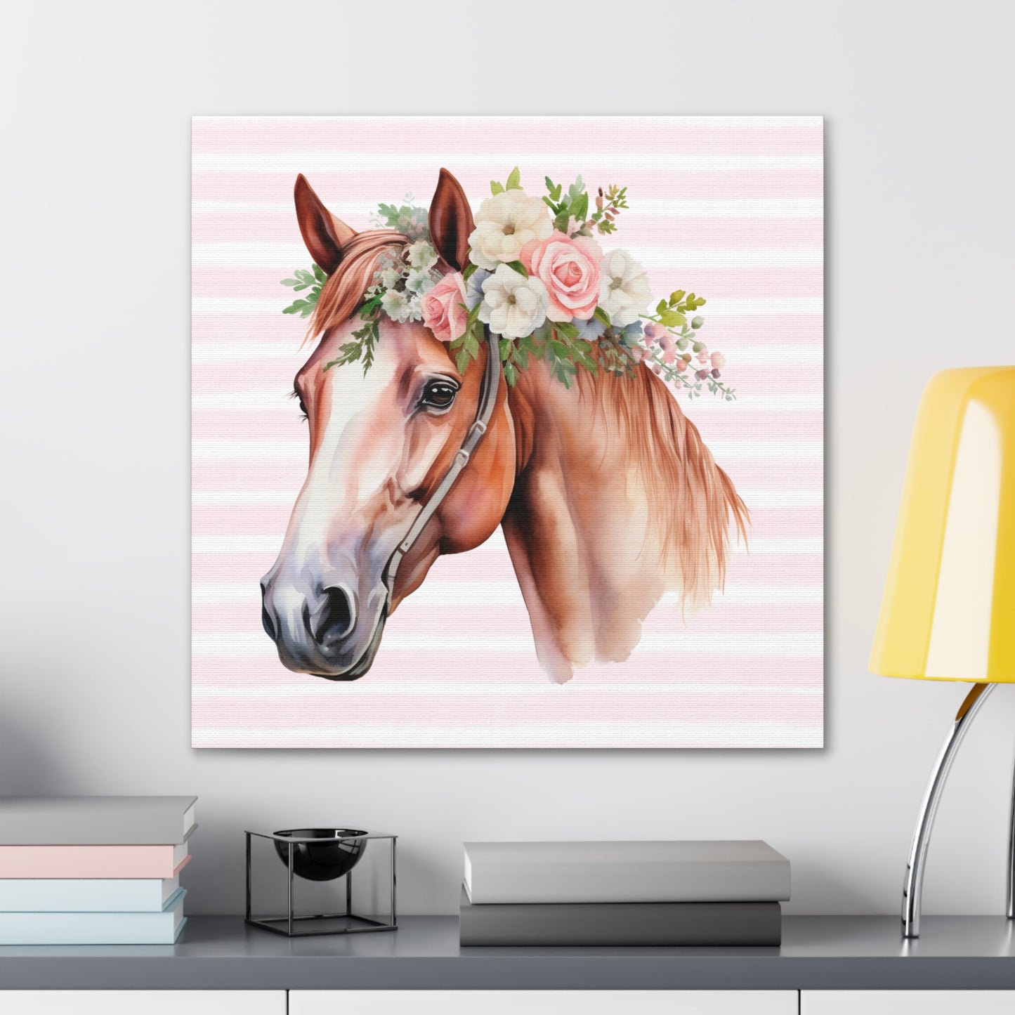 Pink Coquette Horse with Pink Rose Crown Canvas Wrapped Art Multiple Sizes