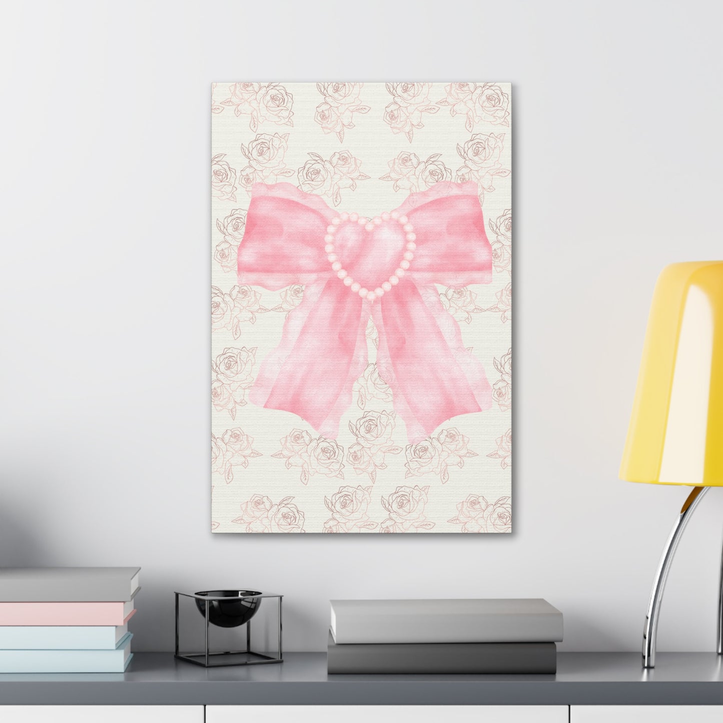 Pink & White Coquette Heart Bow Roses Wrapped Gallery Canvas Art - Multiple Sizes