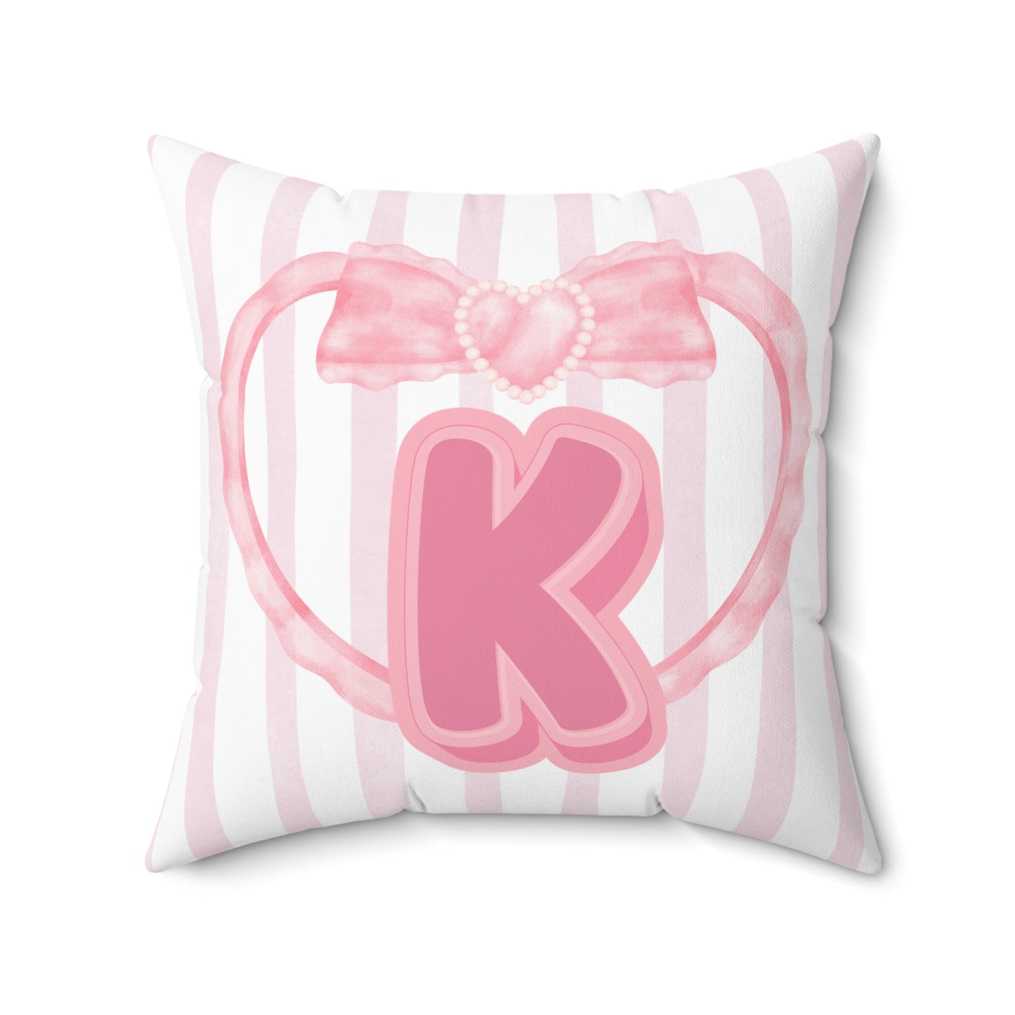 Pink & White Striped Coquette Personalized Initial or Monogram Heart with Bow Square Double-Sided Pillow - Multiple Sizes