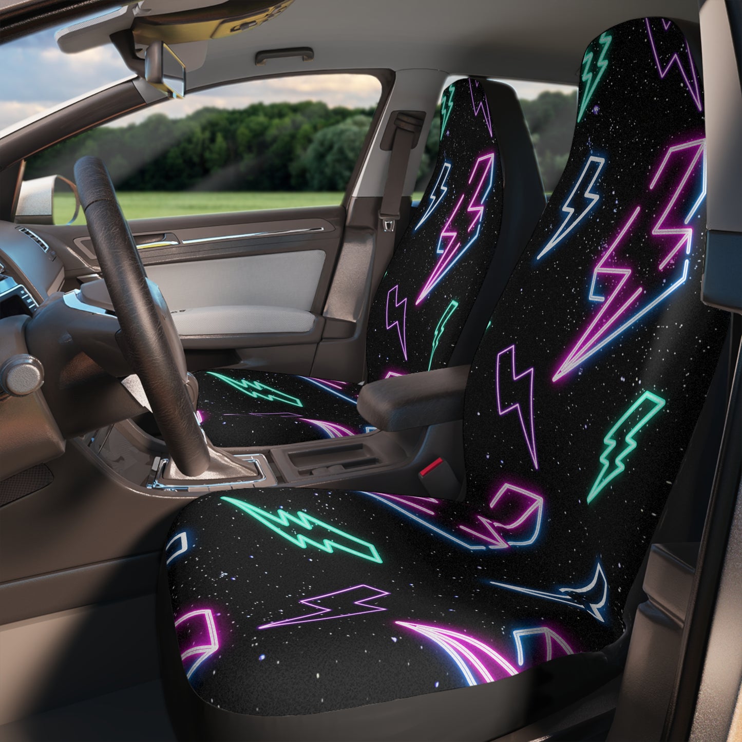 Neon Glow Lightning Bolts Black Star Background Space Car Seat Covers