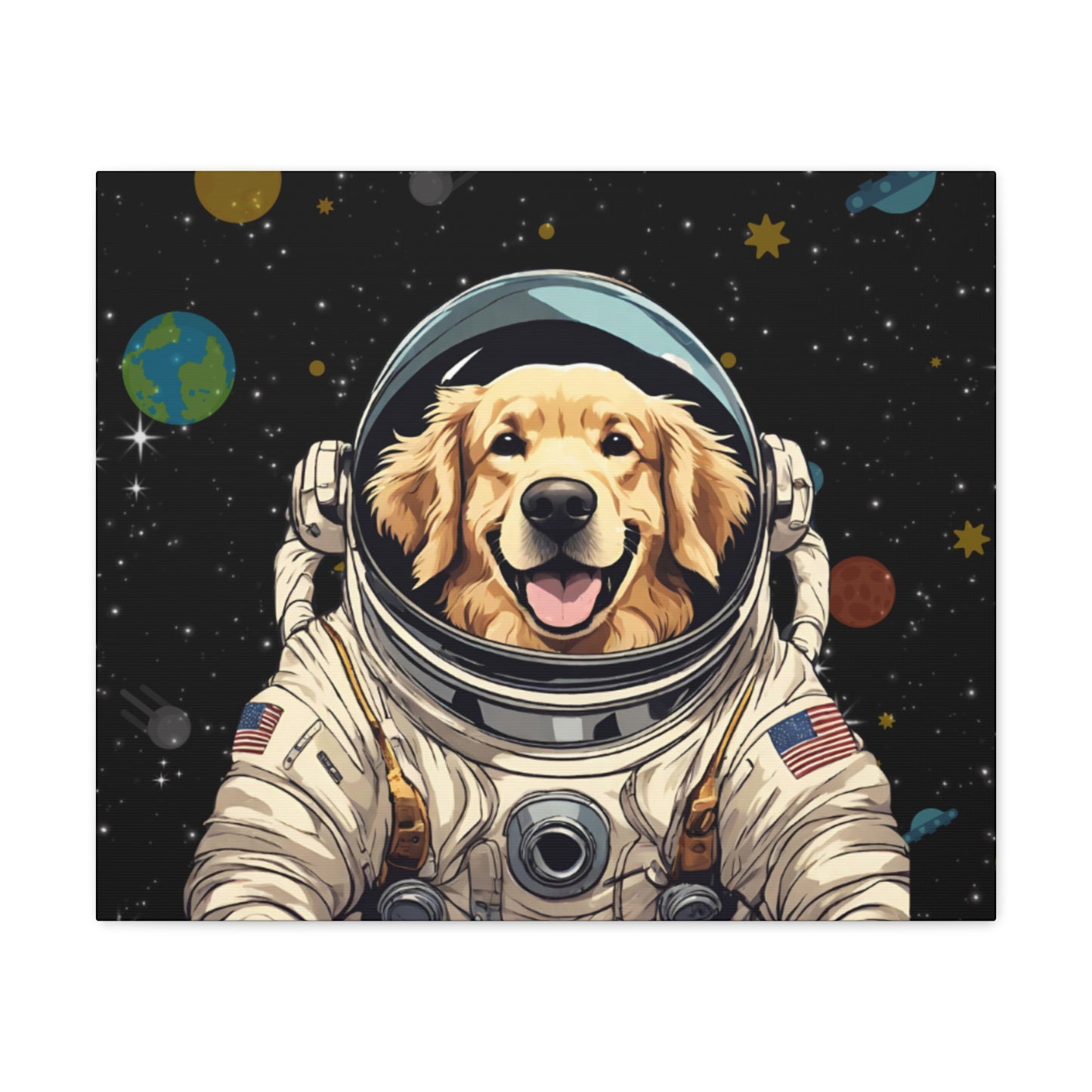 Golden Retriever Astronaut Puppy Dog in Space Canvas Wrapped Art Multiple Sizes