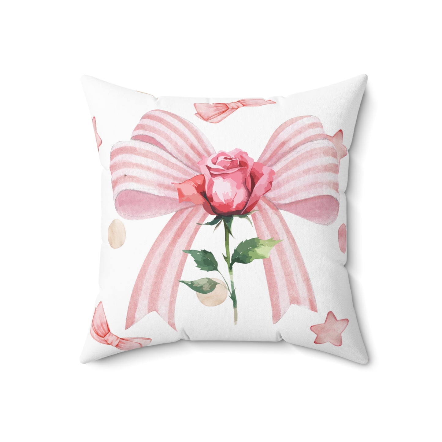 Pink & White Coquette Striped Bow with Rose Square Double-Sided Pillow - Multiple Sizes