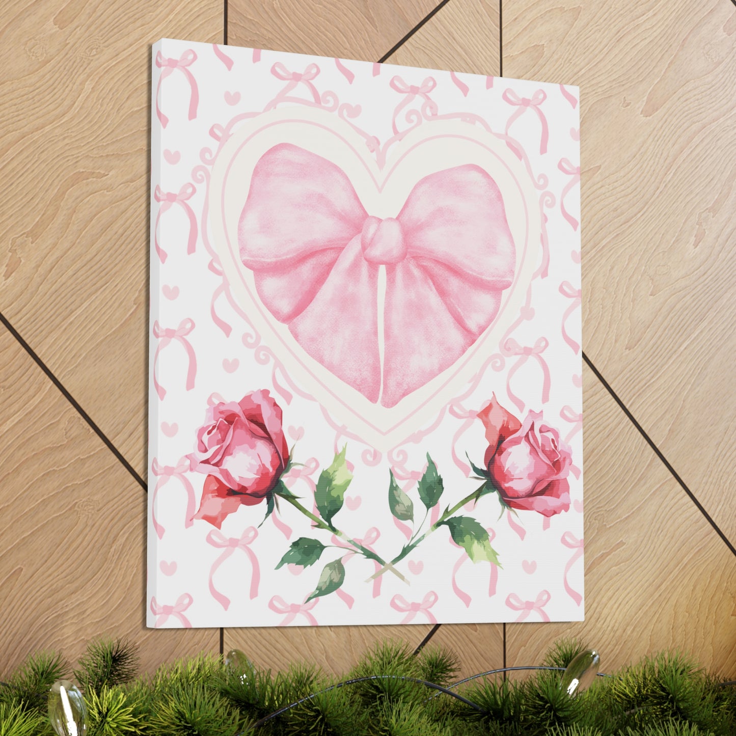 Pink & White Coquette Heart Bow with Rose Wrapped Gallery Canvas Art - Multiple Sizes