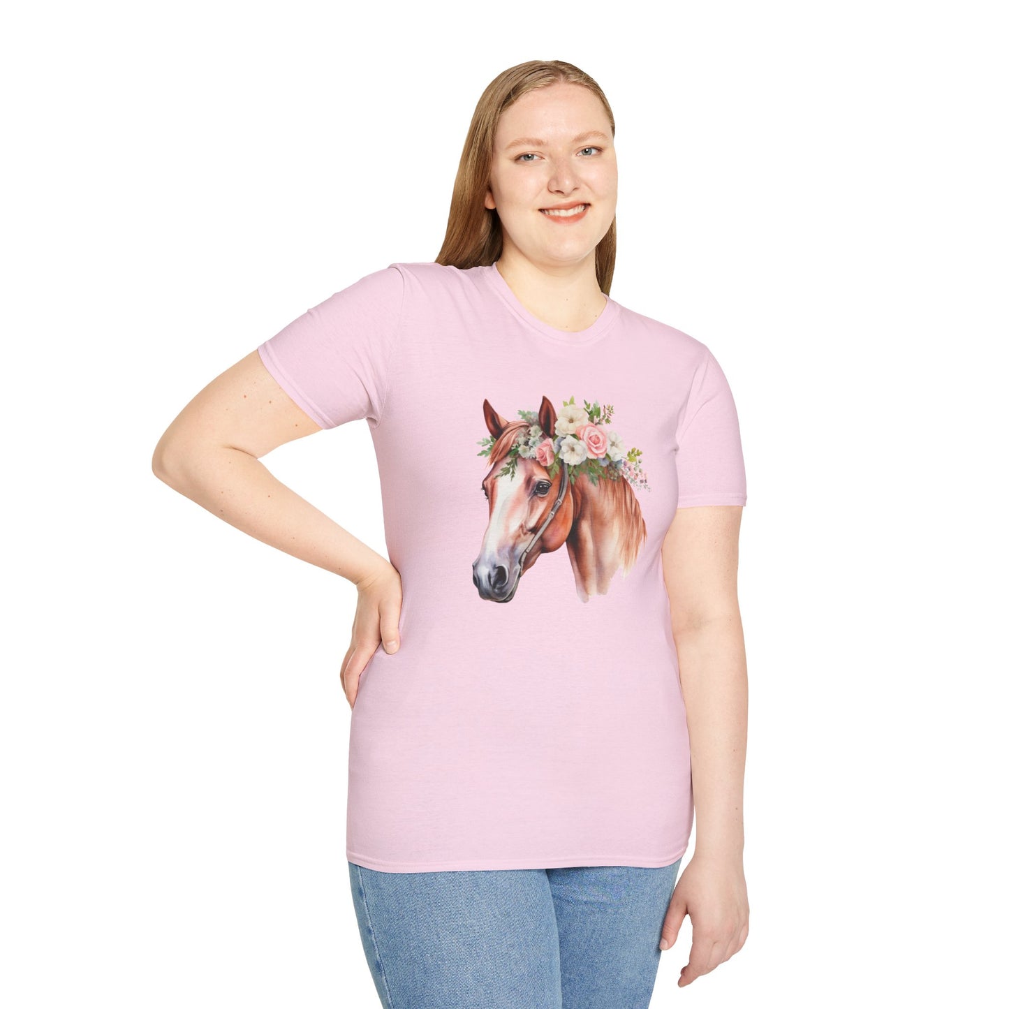 Pink Rose Flower Horse Princess Women's Plus Cotton Short Sleeved Tee Size xl-5xl
