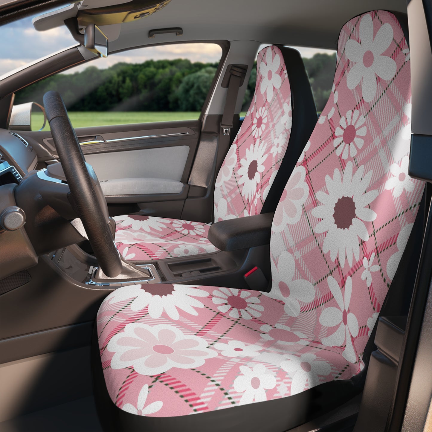Pink & Plaid & White Daisy Preppy Car Seat Covers