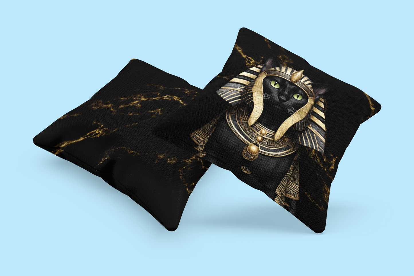 Neferkitti Black Kitty Cat Pharaoh Gold & Black Square Pillow Multiple Sizes