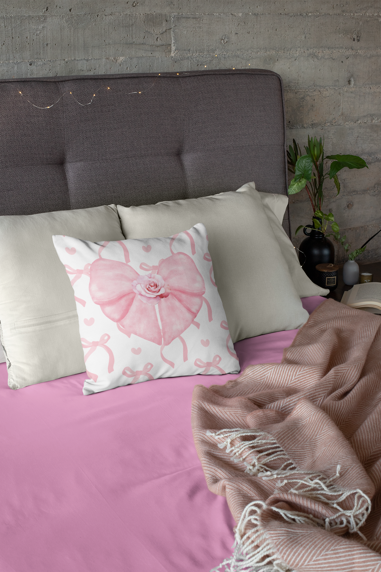 Pink & White Coquette Bow with Rose Square Double-Sided Pillow - Multiple Sizes