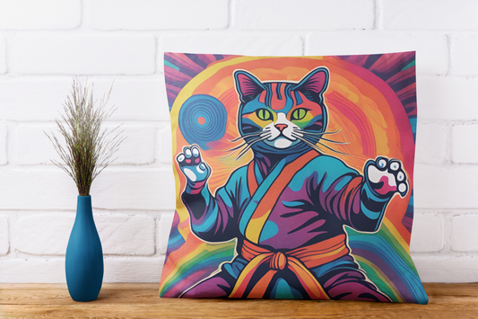 Colorful Psychedelic Ninja Karate Kitty Cat Square Double-Sided Pillow Multiple Sizes