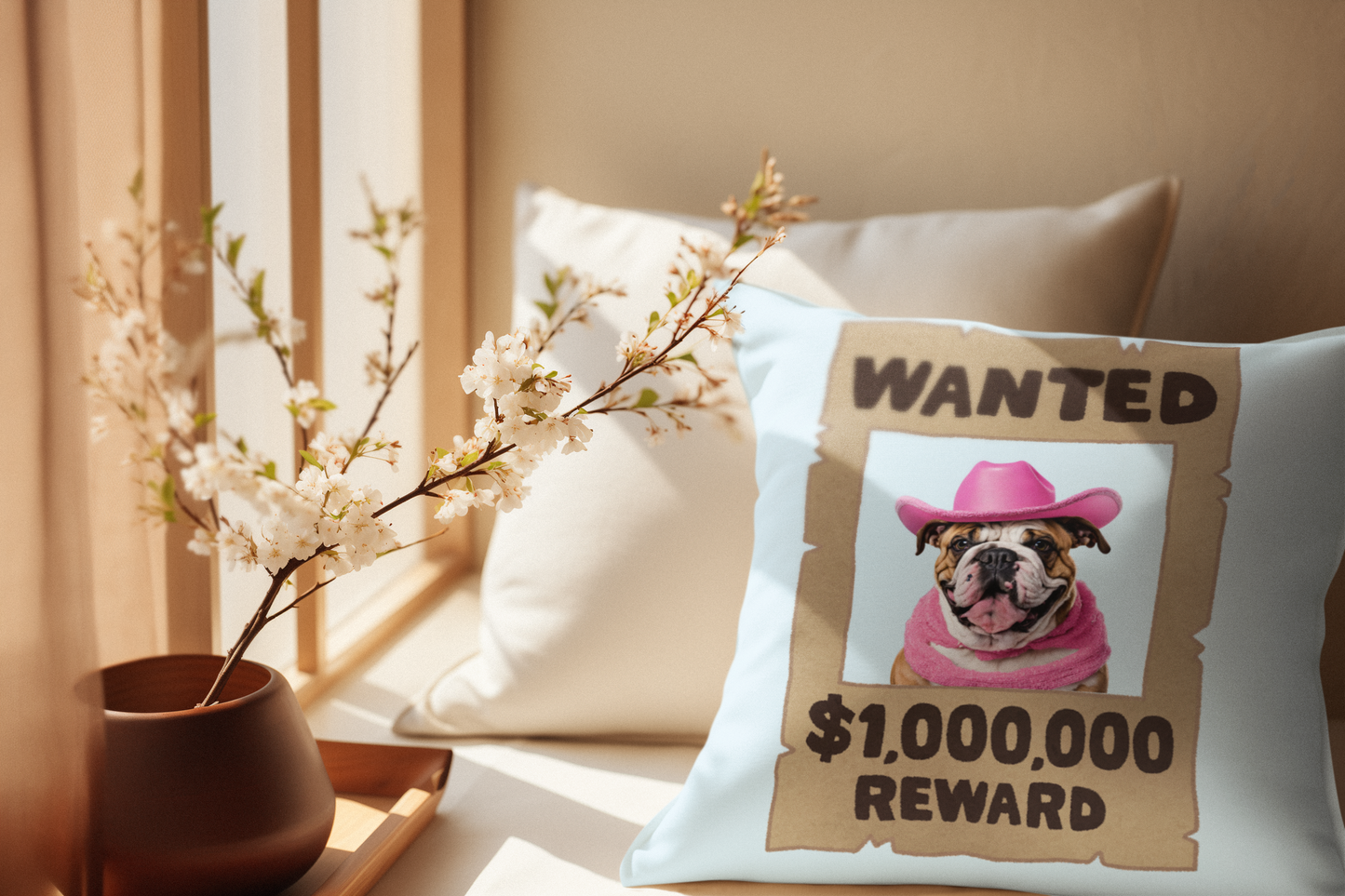 Wanted for Reward Cowboy Bulldog Colorful Double Sided Square Pillow Multiple Sizes