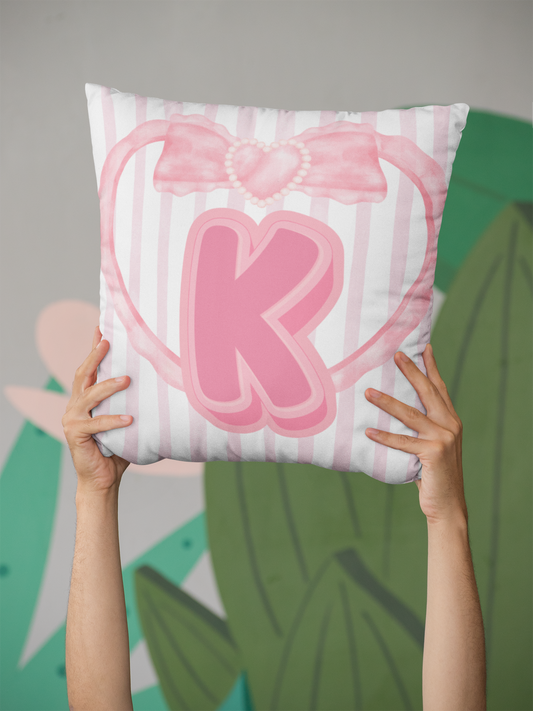 Pink & White Striped Coquette Personalized Initial or Monogram Heart with Bow Square Double-Sided Pillow - Multiple Sizes