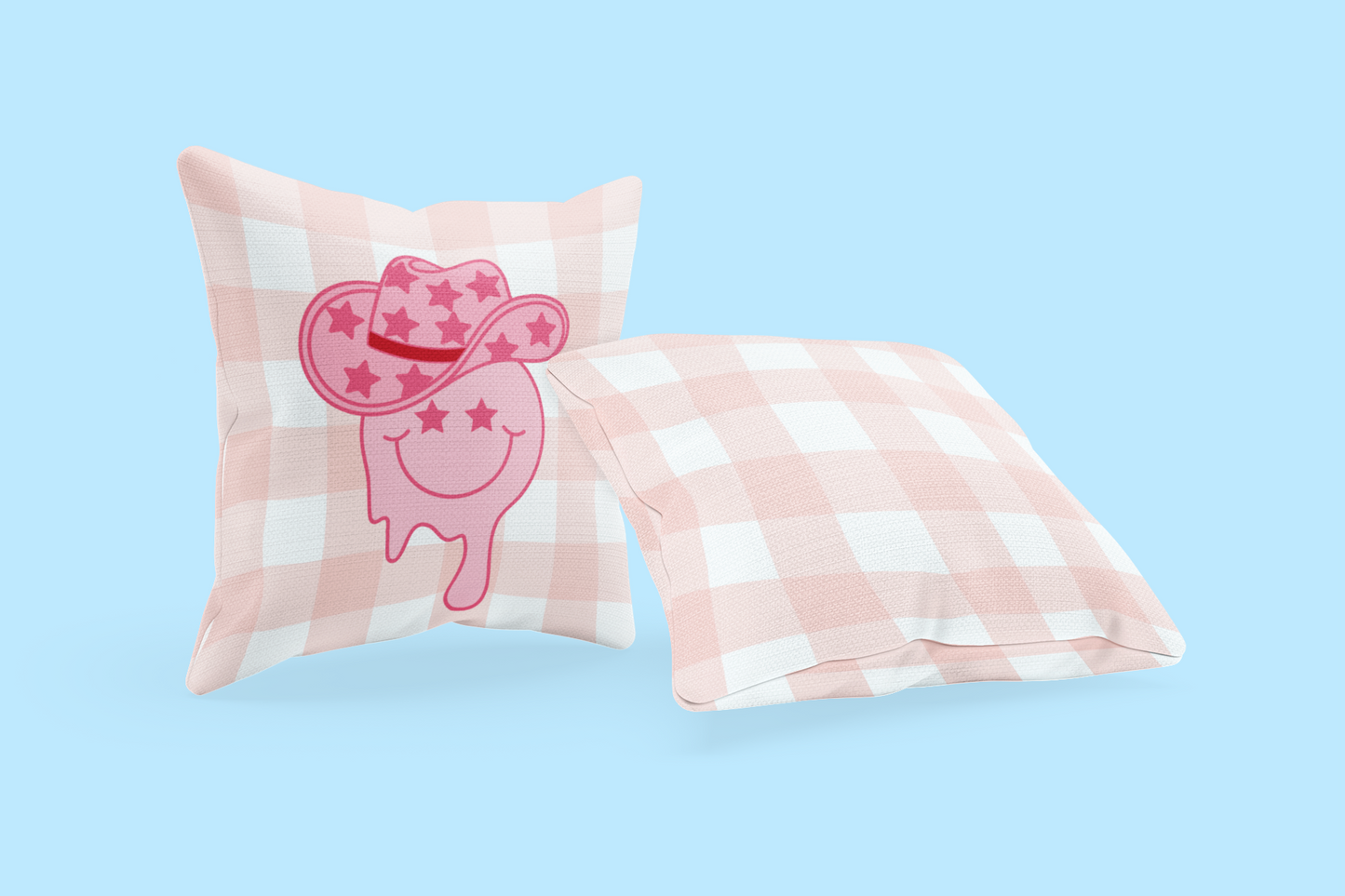 Bright Pink Smiley Star Face Cowgirl Pink and White Plaid Double Sided Square Pillow - Multiple Sizes