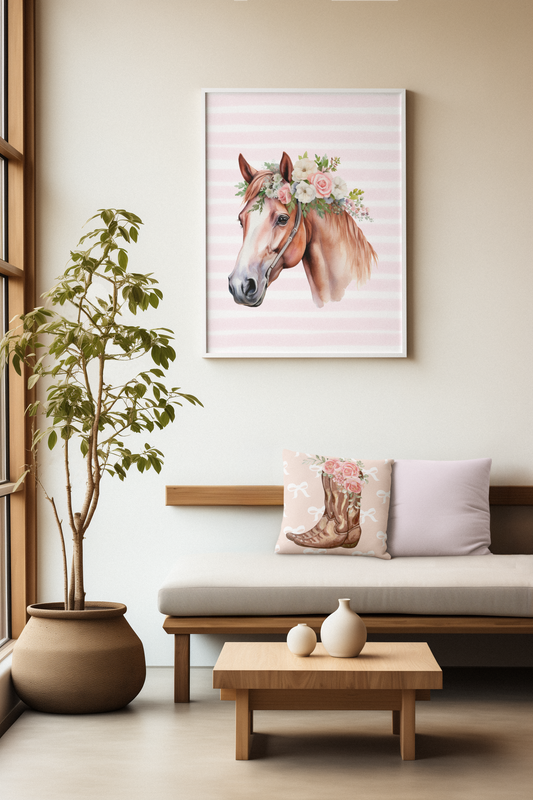 Pink Coquette Horse with Pink Rose Crown Canvas Wrapped Art Multiple Sizes